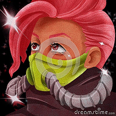 Pink hair woman in green breathing mask Stock Photo